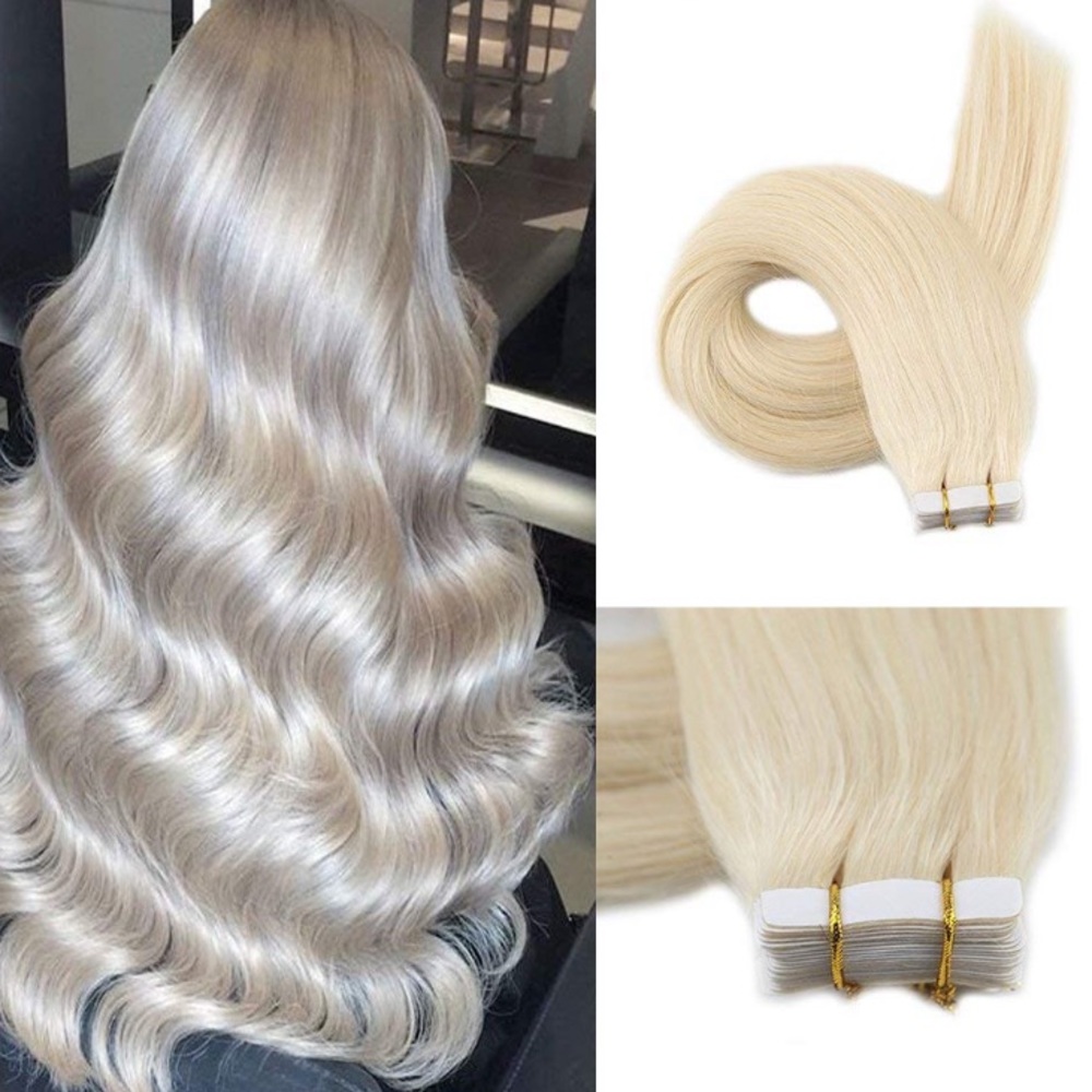 ✨2 18” PLATINUM Blonde HUMAN HAIR TAPE INS *NWT* - Picture 1 of 6
